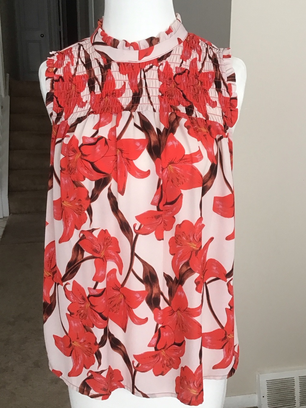 Kenar Sleeveless Top with Deep Orange Floral Print and Brown Accents